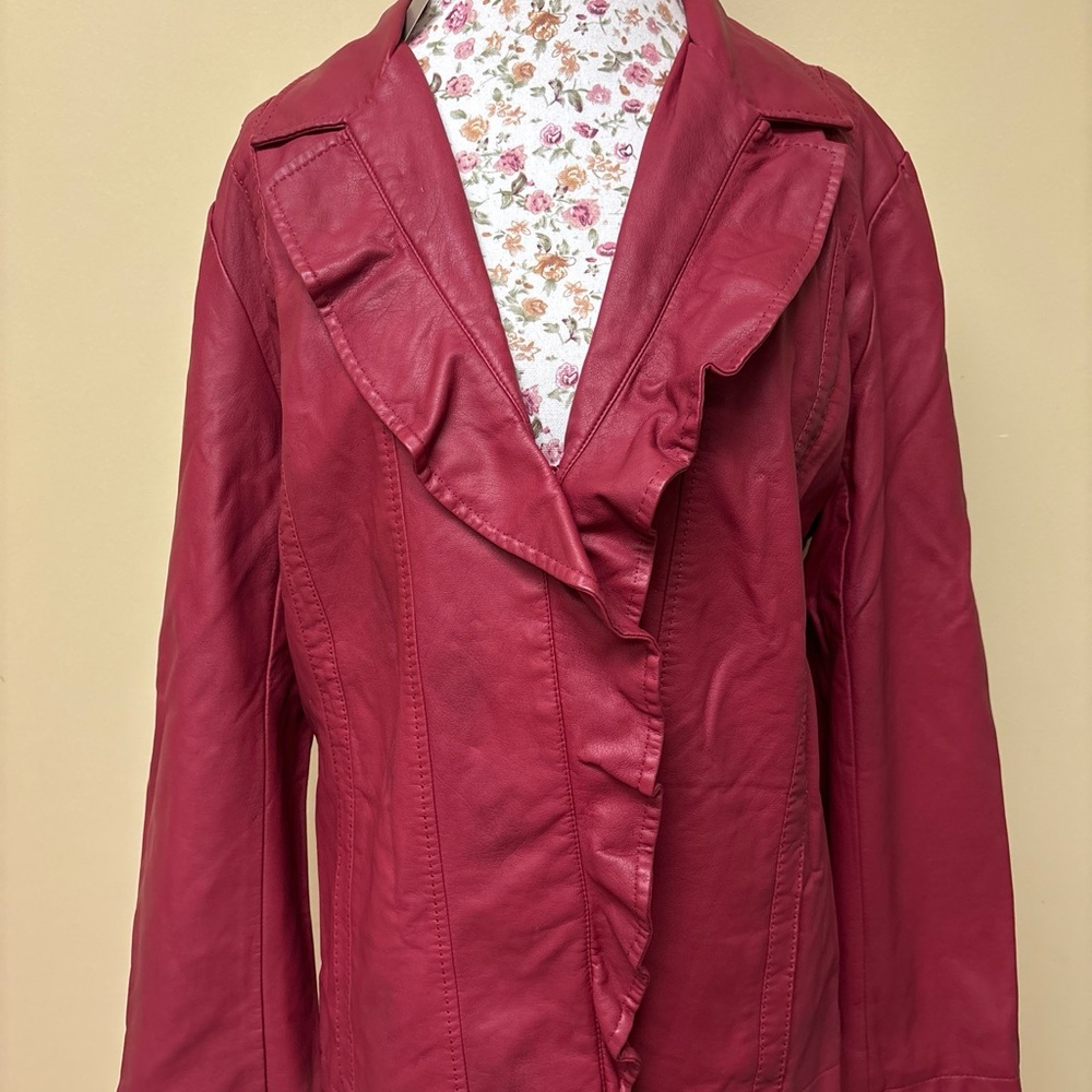 Chico's Faux Leather Red Ruffle Button Closure Jacket 3